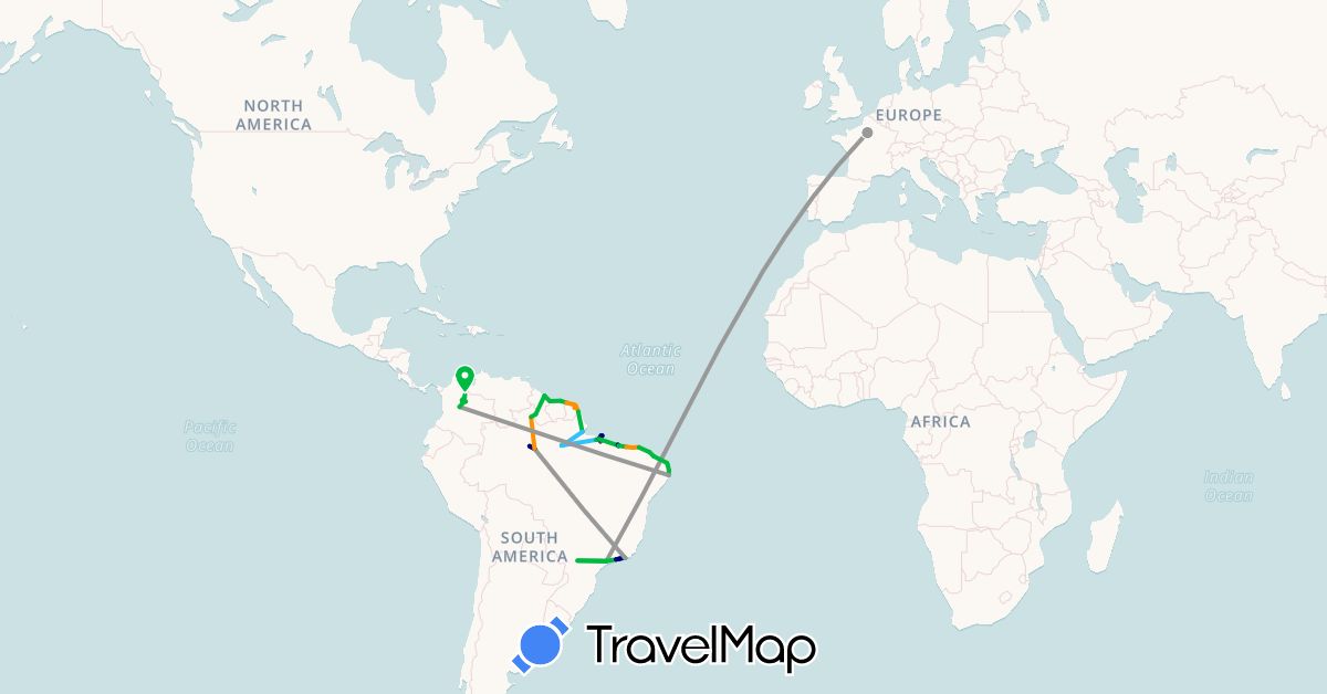 TravelMap itinerary: driving, bus, plane, boat, hitchhiking, motorbike in Brazil, Colombia, France, French Guiana, Guyana, Suriname (Europe, South America)